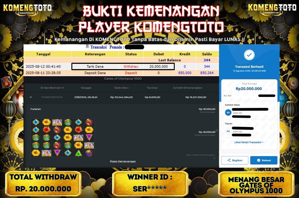 LAGI & LAGI!! KEMENANGAN BESAR DI SLOT GATES OF OLYMPUS 1000  SEBESAR Rp.20.000.000 KOMENGTOTO BAYAR LUNAS SECEPAT KILAT !! KOMENGTOTO BAYAR SECEPAT KILAT !!