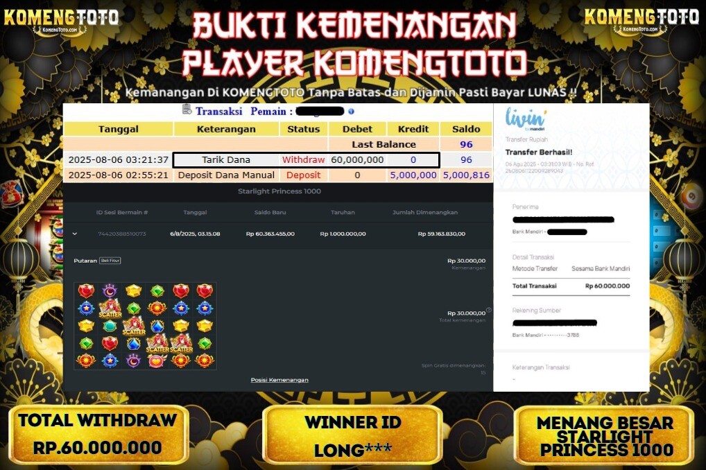 LAGI & LAGI!! KEMENANGAN BESAR DI SLOT STARLIGHT PRINCESS 1000 SEBESAR Rp.60.000.000 KOMENGTOTO BAYAR LUNAS SECEPAT KILAT !! KOMENGTOTO BAYAR SECEPAT KILAT !!