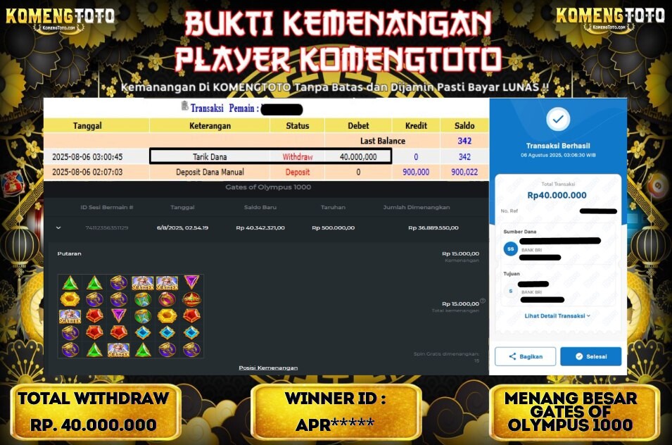 LAGI & LAGI!! KEMENANGAN BESAR DI SLOT GATES OF OLYMPYUS 1000  SEBESAR Rp.40.000.000 KOMENGTOTO BAYAR LUNAS SECEPAT KILAT !! KOMENGTOTO BAYAR SECEPAT KILAT !!