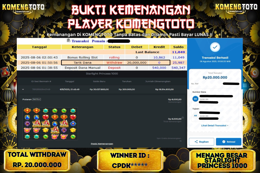 LAGI & LAGI!! KEMENANGAN BESAR DI SLOT STARLIGHT PRINCESS 1000  SEBESAR Rp.20.000.000 KOMENGTOTO BAYAR LUNAS SECEPAT KILAT !! KOMENGTOTO BAYAR SECEPAT KILAT !!