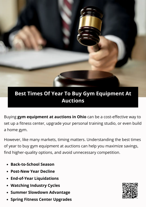 The best times of year to buy gym equipment at auctions in Ohio aren’t random—they follow predictable cycles tied to consumer behavior, business upgrades, and industry trends. By targeting post-resolution months, spring upgrades, summer lulls, back-to-school sales, and year-end liquidations, you can consistently find the right equipment at the right price. With patience and strategy, auctions can be the perfect way to build your gym without breaking the bank. To know more visit here https://www.wyethauctions.com/industries/gym-fitness-equipment
