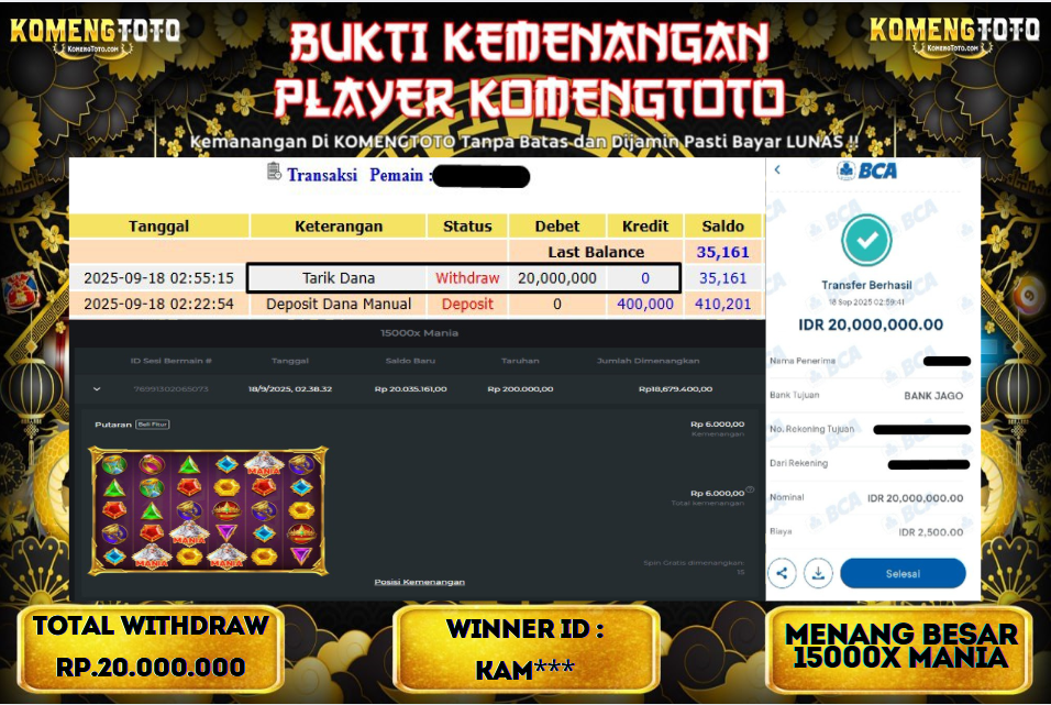 LAGI & LAGI!! KEMENANGAN BESAR DI SLOT 15000X MANIA  SEBESAR Rp.20.000.000 KOMENGTOTO BAYAR LUNAS SECEPAT KILAT !! KOMENGTOTO BAYAR SECEPAT KILAT !!