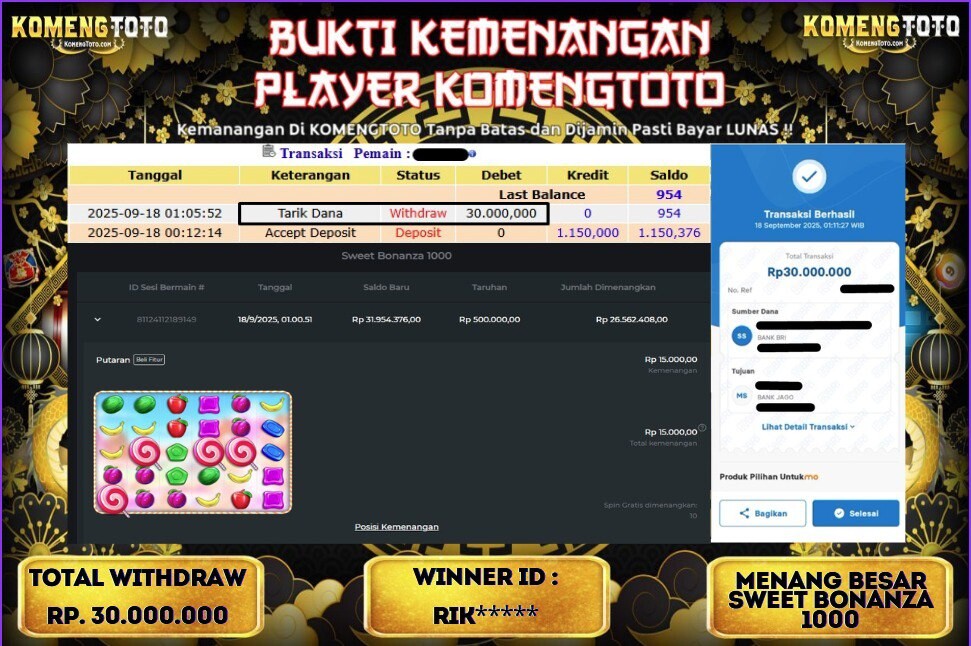 LAGI & LAGI!! KEMENANGAN BESAR DI SLOT SWEET BONANZA 1000  SEBESAR Rp.30.000.000 KOMENGTOTO BAYAR LUNAS SECEPAT KILAT !! KOMENGTOTO BAYAR SECEPAT KILAT !!