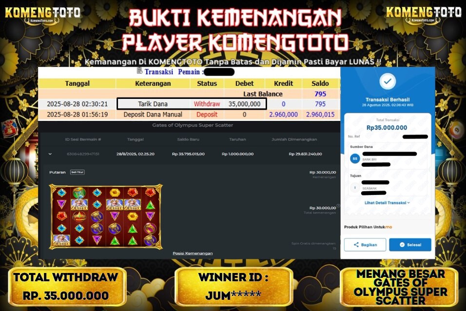 LAGI & LAGI!! KEMENANGAN BESAR DI SLOT GATES OF OLYMPUS SUPER SCATTER SEBESAR Rp.35.000.000 KOMENGTOTO BAYAR LUNAS SECEPAT KILAT !! KOMENGTOTO BAYAR SECEPAT KILAT !!