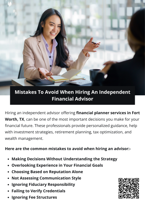 Hiring an independent financial advisor offering financial planner services in Fort Worth, TX, requires careful research and due diligence. Avoid mistakes like overlooking credentials, misunderstanding fees, ignoring fiduciary responsibilities, and neglecting communication. By taking a thoughtful approach, you can select an advisor who aligns with your financial goals and helps secure your long-term financial well-being. To know more visit here https://www.alignedwealthadv.com/financial-planning-fort-worth-tx