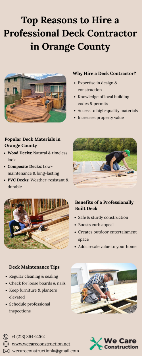 Looking for a trusted deck contractor in Orange County? We specialize in designing and building custom decks that enhance your outdoor living space. Our expert team delivers high-quality craftsmanship, durable materials, and stunning finishes tailored to your style. Create the perfect backyard retreat with a reliable Orange County deck contractor today! visit Us:https://wecareconstruction.net/deck-orange-county/
