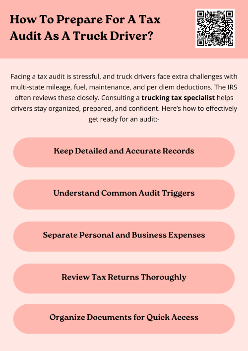 Preparing for a tax audit as a truck driver involves meticulous record-keeping, accurate reporting, and understanding potential IRS triggers. Working with a trucking tax specialist ensures all documents are in order, deductions are properly justified, and the driver is fully prepared to handle the audit confidently, minimizing stress and potential penalties. To know more visit here https://www.truckersprocpa.ca/trucking-tax-planning-preparation-services