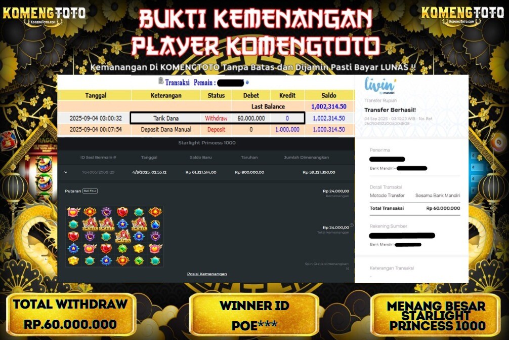 LAGI & LAGI!! KEMENANGAN BESAR DI SLOT STARLIGHT PRINCESS 1000 SEBESAR Rp.60.000.000 KOMENGTOTO BAYAR LUNAS SECEPAT KILAT !! KOMENGTOTO BAYAR SECEPAT KILAT !!