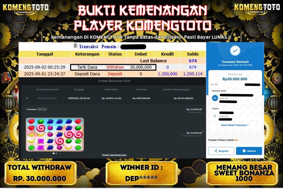 LAGI & LAGI!! KEMENANGAN BESAR DI SLOT SWEET BONANZA 1000  SEBESAR Rp.30.000.000 KOMENGTOTO BAYAR LUNAS SECEPAT KILAT !! KOMENGTOTO BAYAR SECEPAT KILAT !!