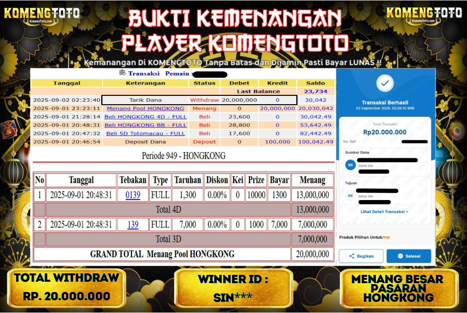 LAGI & LAGI!! KEMENANGAN BESAR DI PASARAN HONGKONG SEBESAR Rp.20.000.000 KOMENGTOTO BAYAR LUNAS SECEPAT KILAT !! KOMENGTOTO BAYAR SECEPAT KILAT !!