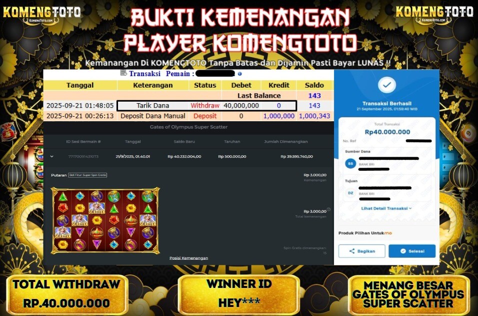 LAGI & LAGI!! KEMENANGAN BESAR DI SLOT GATES OF OMYPUS SUPER SCATTER SEBESAR Rp. 40.000.000 KOMENGTOTO BAYAR LUNAS SECEPAT KILAT !! KOMENGTOTO BAYAR SECEPAT KILAT !!
