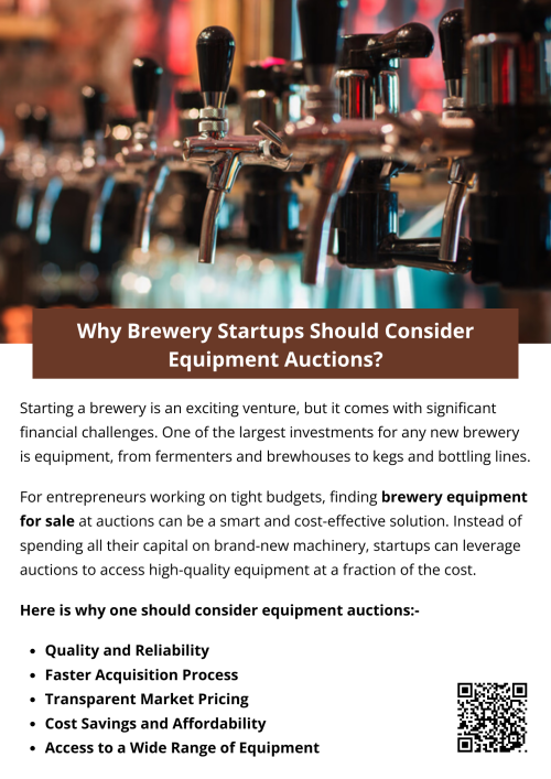 For brewery startups, every dollar saved and every strategic decision matters. Auctions provide a practical pathway to obtain essential brewing machinery without exhausting financial resources. By exploring brewery equipment for sale at auctions, entrepreneurs can set up their operations affordably, maintain high-quality production, and accelerate their path to growth in the competitive craft beer industry. To know more visit here https://www.wyethauctions.com/industries/brewery-equipment