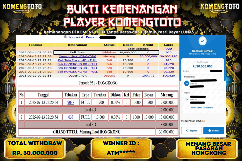 LAGI & LAGI!! KEMENANGAN BESAR DI PASARAN HONGKONG SEBESAR Rp.30.000.000 KOMENGTOTO BAYAR LUNAS SECEPAT KILAT !! KOMENGTOTO BAYAR SECEPAT KILAT !!
