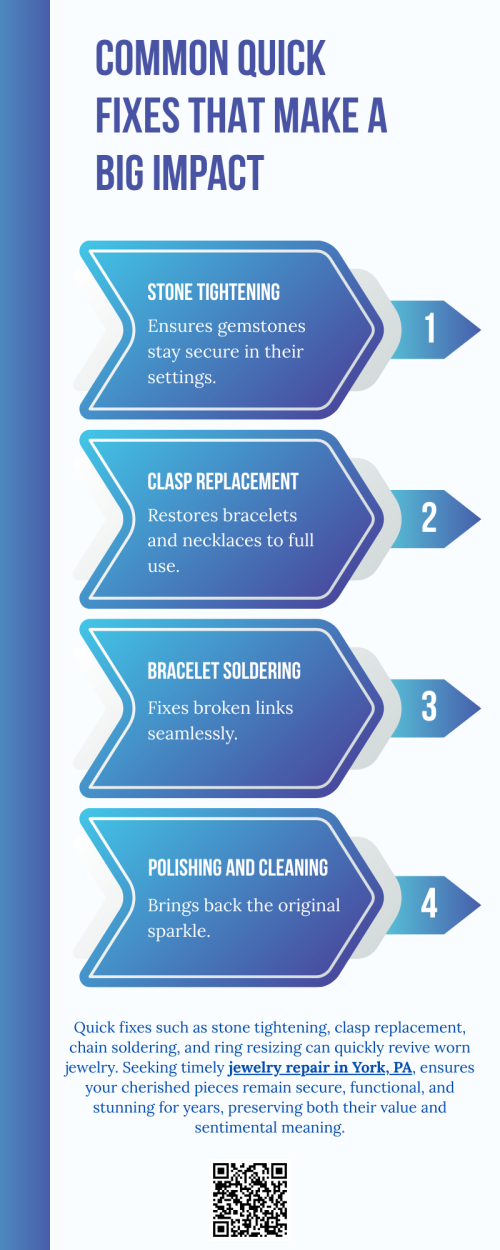 Quick fixes such as stone tightening, clasp replacement, chain soldering, and ring resizing can quickly revive worn jewelry. These minor repairs help maintain beauty, prevent further damage, and extend longevity. Seeking timely jewelry repair in York, PA, ensures your cherished pieces remain secure, functional, and stunning for years, preserving both their value and sentimental meaning. To know more visit here https://www.futerbrosjewelers.com/services/jewelry-repairs
