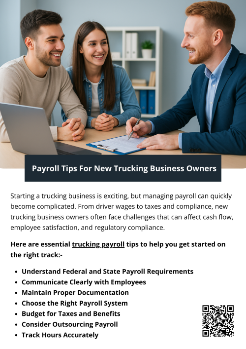 Proper trucking payroll management is vital for new trucking businesses. By understanding regulations, investing in reliable systems, accurately tracking hours, budgeting for taxes and benefits, maintaining documentation, and considering professional help, you can streamline payroll, avoid costly mistakes, and keep your business running smoothly. To know more visit here https://www.truckersprocpa.ca/trucking-payroll-services