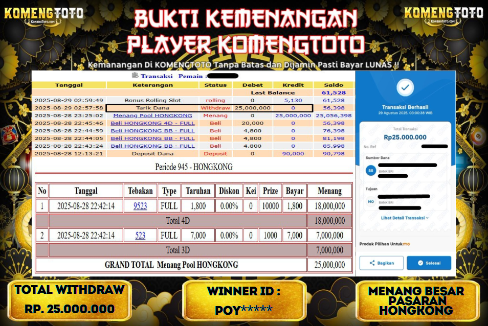 LAGI & LAGI!! KEMENANGAN BESAR DI PASARAN HONGKONG SEBESAR Rp.25.000.000 KOMENGTOTO BAYAR LUNAS SECEPAT KILAT !! KOMENGTOTO BAYAR SECEPAT KILAT !!