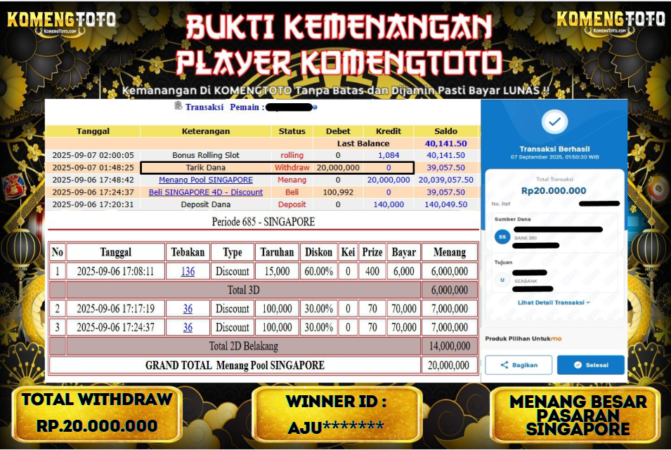 LAGI & LAGI!! KEMENANGAN BESAR DI PASARAN SINGAPORE  SEBESAR Rp.20.000.000 KOMENGTOTO BAYAR LUNAS SECEPAT KILAT !! KOMENGTOTO BAYAR SECEPAT KILAT !!