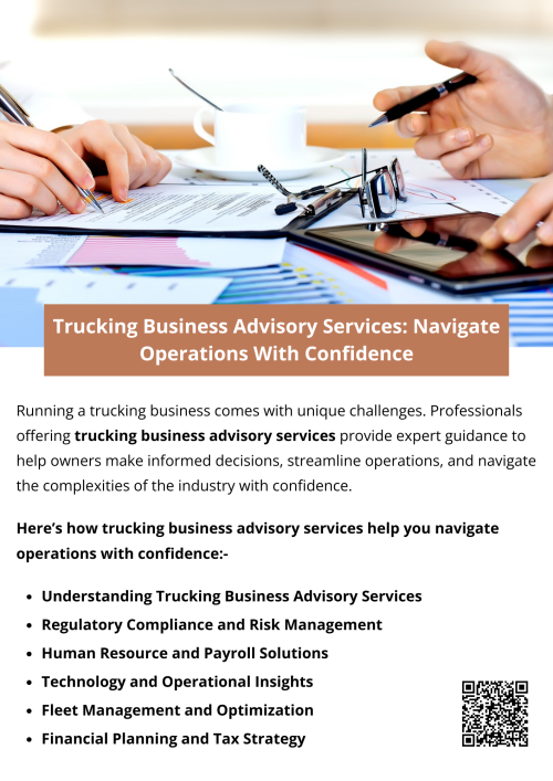 Experts offering trucking business advisory services empower owners to navigate operations with confidence. From fleet optimization and regulatory compliance to financial planning and human resources, these experts provide the guidance needed to run a successful, profitable trucking business. By leveraging advisory services, trucking companies can minimize risks, enhance efficiency, and focus on growth. To know more visit here https://www.truckersprocpa.ca/trucking-business-advisory-services