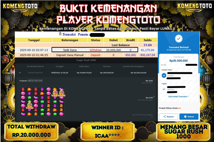 LAGI & LAGI!! KEMENANGAN BESAR DI SLOT SUGAR RUSH 1000  SEBESAR Rp.20.000.000 KOMENGTOTO BAYAR LUNAS SECEPAT KILAT !! KOMENGTOTO BAYAR SECEPAT KILAT !!