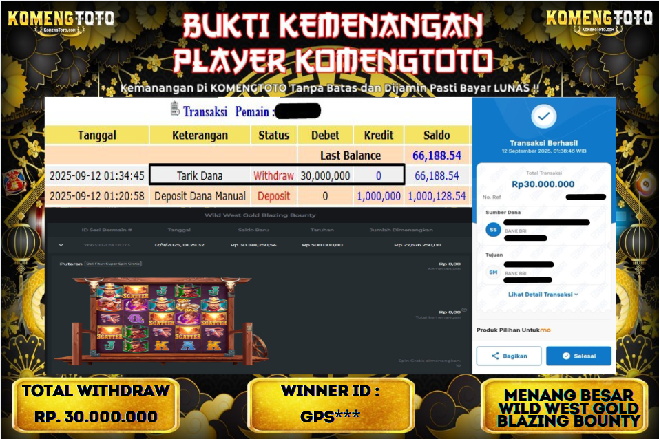 LAGI & LAGI!! KEMENANGAN BESAR DI SLOT WILD WEST GOLD BLAZING BOUNTY  SEBESAR Rp.30.000.000 KOMENGTOTO BAYAR LUNAS SECEPAT KILAT !! KOMENGTOTO BAYAR SECEPAT KILAT !!
