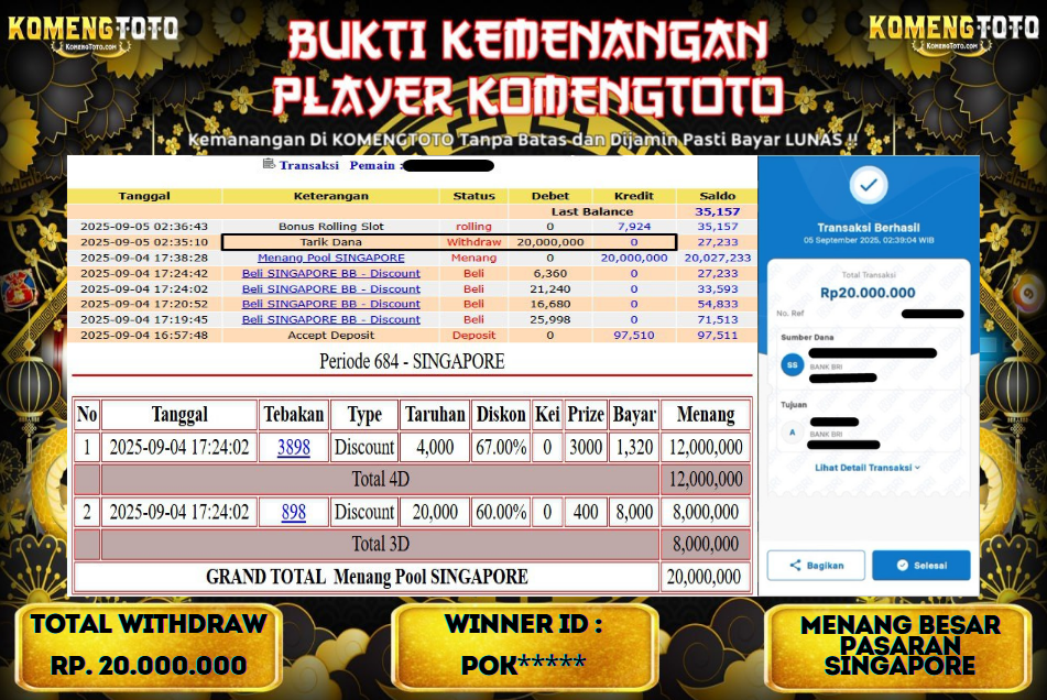 LAGI & LAGI!! KEMENANGAN BESAR DI PASARAN SINGAPORE SEBESAR Rp.20.000.000 KOMENGTOTO BAYAR LUNAS SECEPAT KILAT !! KOMENGTOTO BAYAR SECEPAT KILAT !!