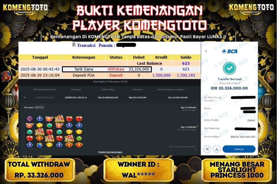 LAGI & LAGI!! KEMENANGAN BESAR DI SLOT STARLIGHT PRINCESS 1000 SEBESAR Rp.33.326.000 KOMENGTOTO BAYAR LUNAS SECEPAT KILAT !! KOMENGTOTO BAYAR SECEPAT KILAT !!