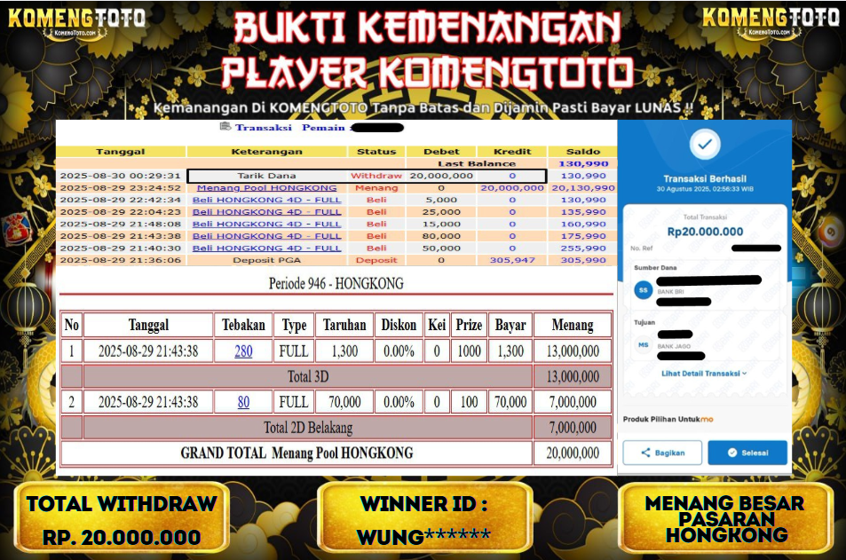 LAGI & LAGI!! KEMENANGAN BESAR DI PASARAN HONGKONG SEBESAR Rp.20.000.000 KOMENGTOTO BAYAR LUNAS SECEPAT KILAT !! KOMENGTOTO BAYAR SECEPAT KILAT !!