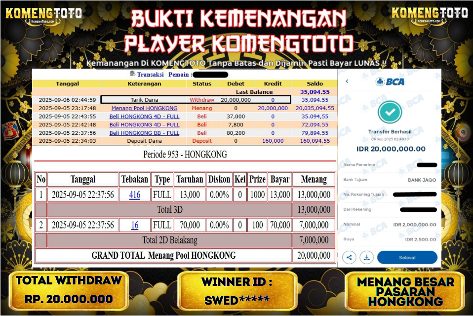 LAGI & LAGI!! KEMENANGAN BESAR DI PASARAN HONGKONG SEBESAR Rp.20.000.000 KOMENGTOTO BAYAR LUNAS SECEPAT KILAT !! KOMENGTOTO BAYAR SECEPAT KILAT !!