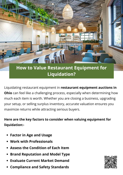 Valuing restaurant equipment for liquidation is about balancing condition, brand reputation, age, demand, and compliance. Taking a systematic approach ensures you get the most from your assets while offering buyers confidence in their purchase. By carefully assessing each piece and, when possible, seeking professional guidance or exploring restaurant equipment auctions in Ohio, liquidation becomes a smoother and more rewarding process. To know more visit here https://www.wyethauctions.com/industries/food-service-restaurant-equipment