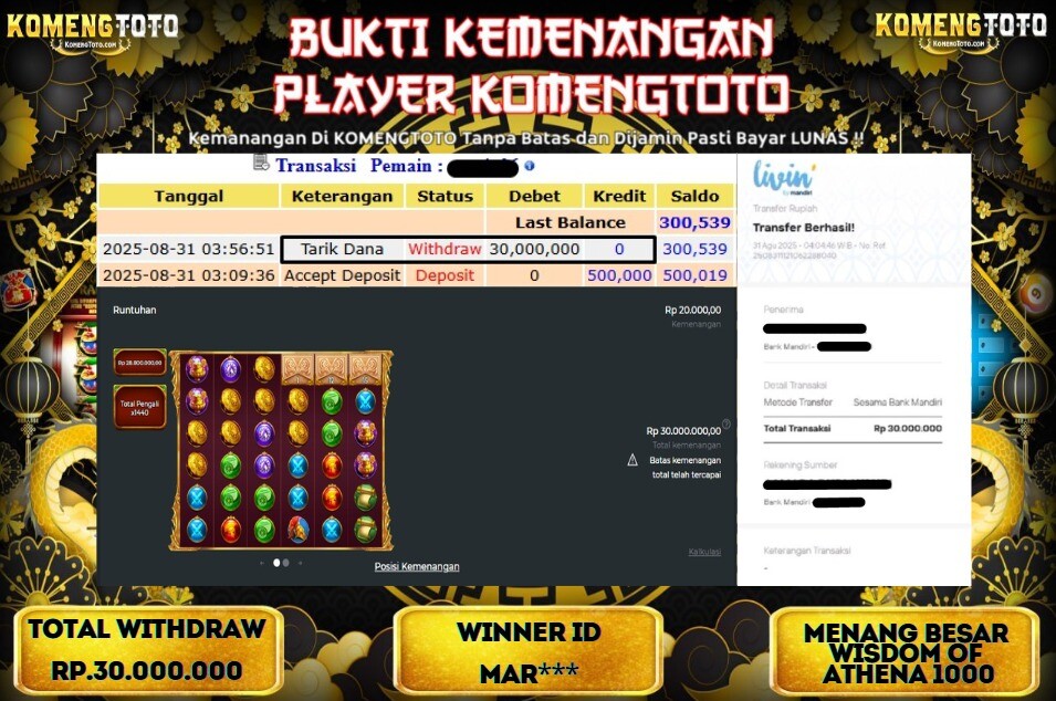 LAGI & LAGI!! KEMENANGAN BESAR DI SLOT WISDOM OF ATHENA 1000 SEBESAR Rp.30.000.000 KOMENGTOTO BAYAR LUNAS SECEPAT KILAT !! KOMENGTOTO BAYAR SECEPAT KILAT !!