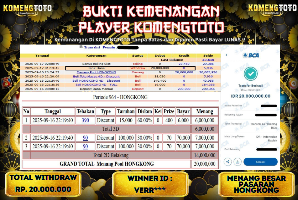 LAGI & LAGI!! KEMENANGAN BESAR DI PASARAN HONGKONG SEBESAR Rp.20.000.000 KOMENGTOTO BAYAR LUNAS SECEPAT KILAT !! KOMENGTOTO BAYAR SECEPAT KILAT !!
