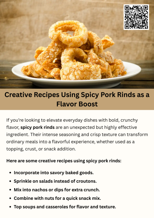 Spicy pork rinds add a crunchy, bold kick to everyday dishes. From coating chicken for a zesty crust to topping salads for extra texture, they bring flavor and heat. Crushed pork rinds can replace breadcrumbs in recipes, giving a low-carb twist while enhancing taste, making them a versatile ingredient for creative, flavor-packed meals. To know more visit here https://cravnflavor.com/product/cravn-flavor-hot-spicy-pork-rinds-4-oz/