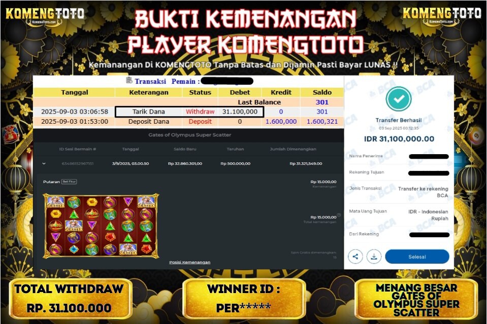 LAGI & LAGI!! KEMENANGAN BESAR DI SLOT GATES OF OLYMPUS SUPER SCATTER SEBESAR Rp.31.100.000 KOMENGTOTO BAYAR LUNAS SECEPAT KILAT !! KOMENGTOTO BAYAR SECEPAT KILAT !!