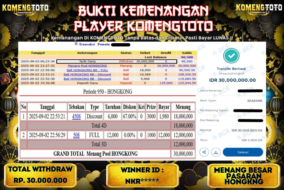 LAGI & LAGI!! KEMENANGAN BESAR DI PASARAN HONGKONG SEBESAR Rp.30.000.000 KOMENGTOTO BAYAR LUNAS SECEPAT KILAT !! KOMENGTOTO BAYAR SECEPAT KILAT !!