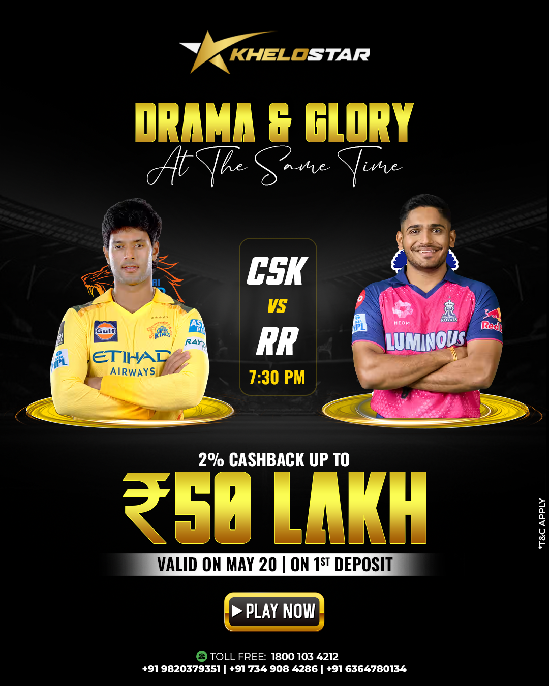 Witness Drama & Glory in Real-Time! ???????? Gear up for the electrifying CSK vs RR clash at 7:30 PM on Khelostar247. Experience the thrill with Khelostar’s unmatched live features and real-time engagement. ???????? Don’t miss your chance to grab 2% cashback up to ₹50 Lakh on your first deposit—only on May 20! Play smart. Play live. Play now at ???? www.khelostar247.com
