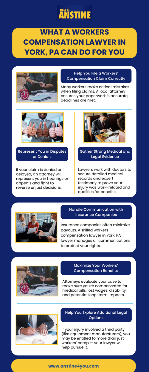 If you’ve been injured on the job in York, PA, you may be entitled to workers' compensation benefits. This infographic from Dale E. Anstine highlights the key ways a workers’ compensation lawyer in York, PA, can support you throughout the legal process. View the infographic to learn how we help you win your case and get back on track.

Explore the key services we offer on our website: https://anstine4you.com/practice-areas/workers-compensation-attorney/