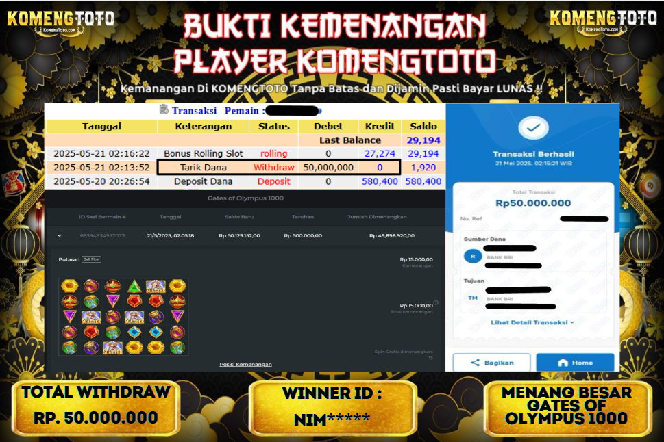 LAGI & LAGI!! KEMENANGAN BESAR DI SLOT  GATES OF OLYMPYUS 1000 SEBESAR Rp.50.000.000 KOMENGTOTO BAYAR LUNAS SECEPAT KILAT !! KOMENGTOTO BAYAR SECEPAT KILAT !!