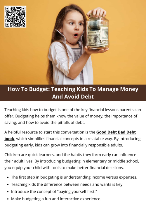 Budgeting is a vital life skill, and the earlier kids learn it, the better. By teaching them how to manage money, distinguish between good and bad debt, and prioritize saving, you’re setting them up for a more secure financial future. With the right tools and conversations—like reading the Good Debt Bad Debt book together—kids can become smart and confident money managers. To know more visit here https://inflationeducation.net/product/good-debt-bad-debt-and-the-big-green-blob/
