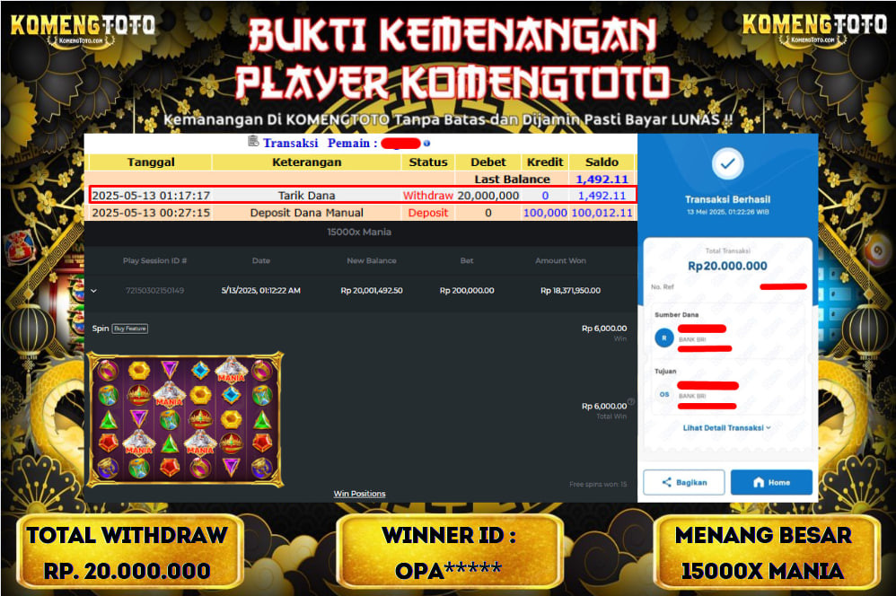 LAGI & LAGI!! KEMENANGAN BESAR DI SLOT 15000X MANIA SEBESAR Rp.20.000.000 KOMENGTOTO BAYAR LUNAS SECEPAT KILAT !! KOMENGTOTO BAYAR SECEPAT KILAT !!