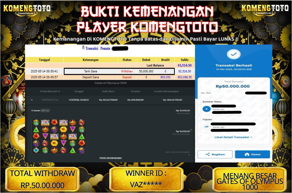 LAGI & LAGI!! KEMENANGAN BESAR DI SLOT GATES OF OLYMPYUS 1000  SEBESAR Rp.50.000.000 KOMENGTOTO BAYAR LUNAS SECEPAT KILAT !! KOMENGTOTO BAYAR SECEPAT KILAT !!