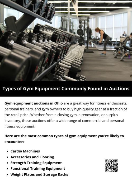 Gym equipment auctions in Ohio offer a broad spectrum of fitness gear at competitive prices. From high-end cardio machines to basic workout accessories, buyers can find excellent deals while reducing startup or renovation costs. It's a smart move for anyone looking to build or expand a fitness space without breaking the bank. To know more visit here https://www.wyethauctions.com/industries/gym-fitness-equipment