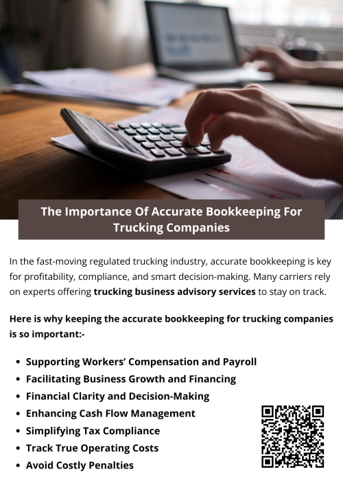 Accurate bookkeeping is more than just organizing receipts—it’s the foundation of a successful trucking business. With clear, up-to-date financial records, you can stay compliant, improve cash flow, and make confident business decisions. For trucking companies looking to strengthen their operations and future-proof their business, working with professionals and experts offering trucking business advisory services can make all the difference. To know more visit here https://www.truckersprocpa.ca/trucking-business-advisory-services
