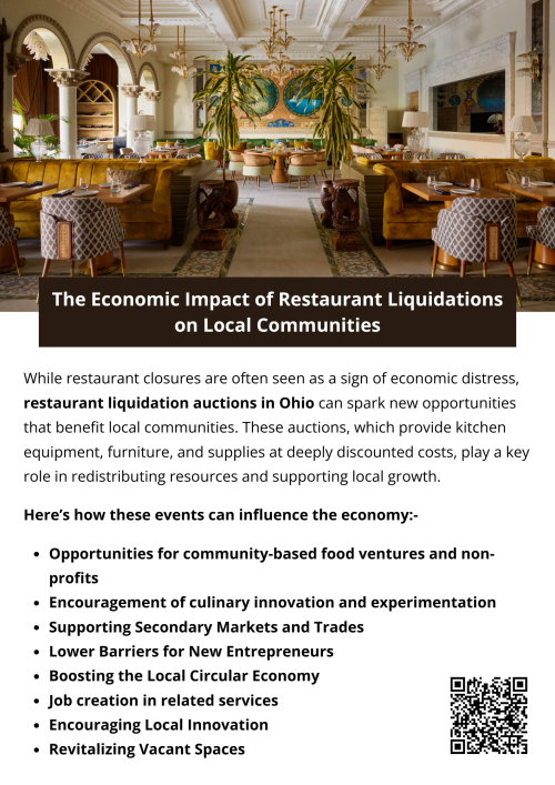 While restaurant liquidations may mark the end of one venture, they can provide a strong foundation for the next. Through restaurant liquidation auctions in Ohio, communities gain access to affordable resources, encourage entrepreneurship, and support a sustainable local economy. By focusing on reuse, revitalization, and innovation, these events can contribute positively to the economic fabric of local neighborhoods. To know more visit here https://www.wyethauctions.com/industries/food-service-restaurant-equipment