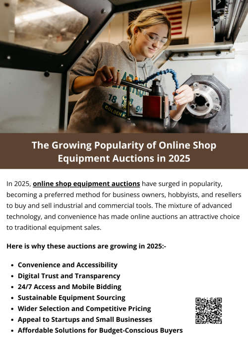 In 2025, online shop equipment auctions are more popular than ever, driven by convenience, affordability, and a wider selection of tools. Technological advancements and increased buyer protections have created a trusted and user-friendly environment that appeals to businesses of all sizes. As more industries embrace digital tools, the trend of buying and selling shop equipment online is expected to continue its upward trajectory. To know more visit here https://www.wyethauctions.com/industries/fabricating-and-tooling-equipment
