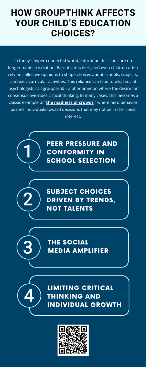 To shield your child from the downsides of groupthink, it's important to foster an environment that values open dialogue and independent decision-making. Talk to your child about their genuine interests, explore less conventional options, and challenge popular assumptions. By doing so, you equip them to navigate the complex world of education with clarity and confidence—stepping away from the madness of crowds and into a path that is uniquely their own. To know more visit here https://inflationeducation.net/product/the-madness-of-crowds/