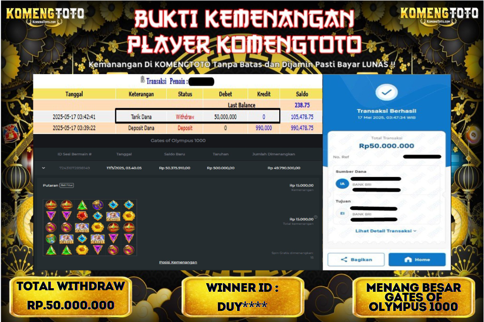 LAGI & LAGI!! KEMENANGAN BESAR DI SLOT GATES OF OLYMPYUS 1000  SEBESAR Rp.50.000.000 KOMENGTOTO BAYAR LUNAS SECEPAT KILAT !! KOMENGTOTO BAYAR SECEPAT KILAT !!