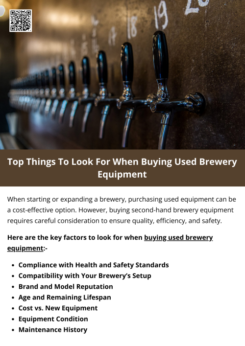 Buying used brewery equipment can be a smart investment for a growing brewery, but it requires a thoughtful approach. Pay close attention to the equipment’s condition, maintenance history, compatibility with your setup, and safety standards. Doing so will help you make an informed decision and ensure the longevity and efficiency of your brewery operations. To know more visit here https://www.wyethauctions.com/industries/brewery-equipment