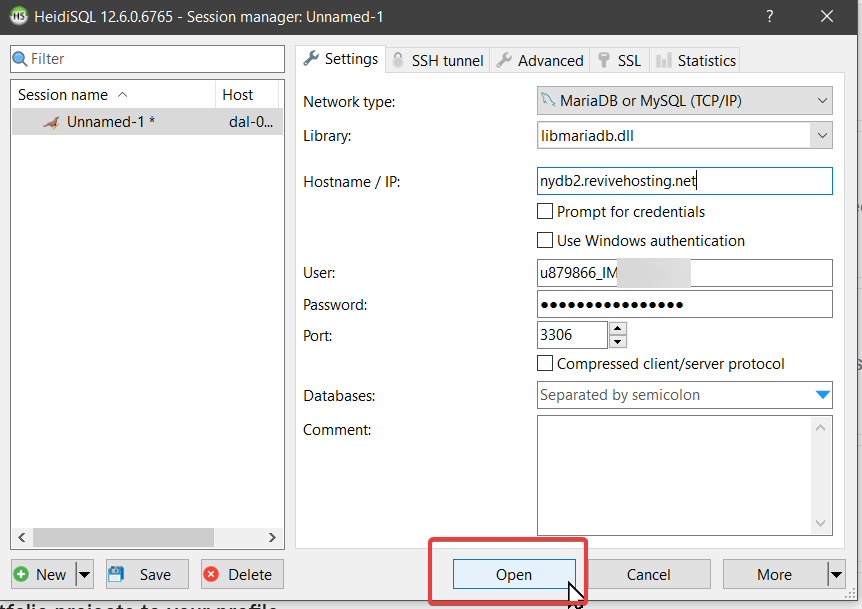 HeidiSQL database login screenshot