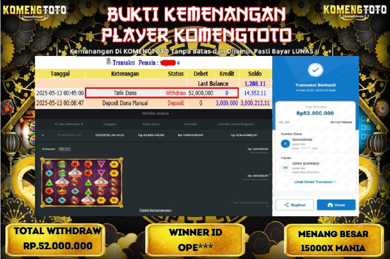 LAGI & LAGI!! KEMENANGAN BESAR DI SLOT 15000X MANIA SEBESAR Rp.52.000.000 KOMENGTOTO BAYAR LUNAS SECEPAT KILAT !! KOMENGTOTO BAYAR SECEPAT KILAT !!