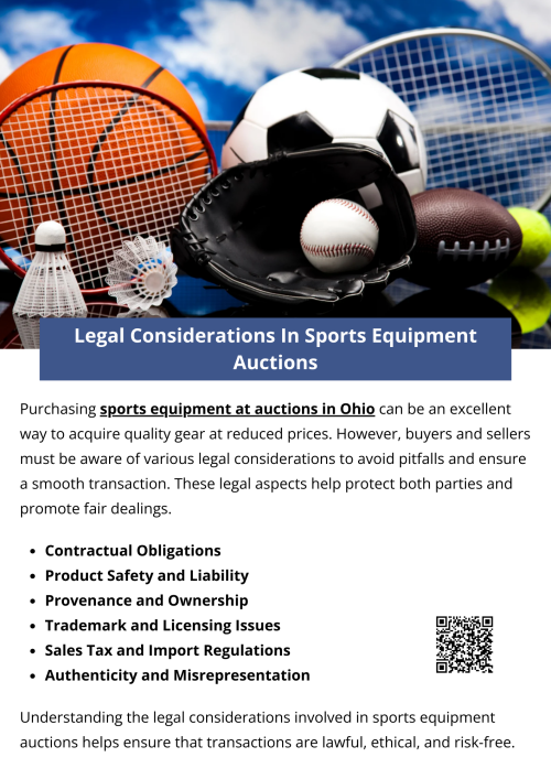 Understanding the legal considerations involved in sports equipment auctions in Ohio helps ensure that transactions are lawful, ethical, and risk-free. By doing due diligence—verifying ownership, confirming authenticity, and reviewing legal terms—buyers and sellers can confidently participate in the auction process while avoiding legal complications. To know more visit here https://www.wyethauctions.com/industries/entertainment-and-sports-memorabilia